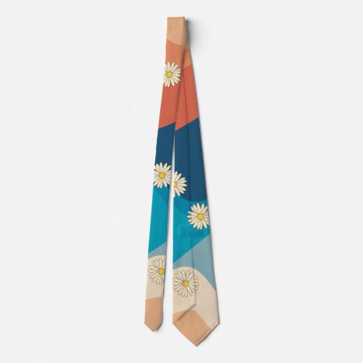 Colorful Retro Waves & Daisies Pattern Stropdas (Achterkant)