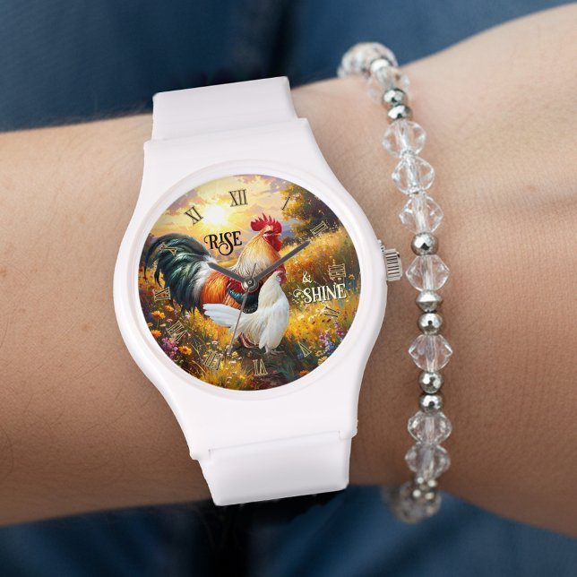 Colorful Rise and Shine Rooster Horloge (Rise and shine watch featuring a colorful painting of two roosters at sunrise)