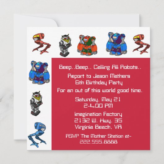 Colorful Robot Birthday Party Invitation Kaart (Voorkant)