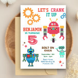 Colorful Robots Kids Birthday Party Invitation Kaart<br><div class="desc">Maak je gasten geweldig met deze kleurrijke uitnodiging voor verjaardagsfeestjes met leuke kleine robots met levendige typografie tegen een witte achtergrond. Voeg eenvoudig uw gebeurtenisdetails op deze makkelijk te gebruiken sjabloon toe om het één-van-een-soort uitnodiging te maken. Draai de kaart om een elegant kleurrijk streeppatroon op de achterkant van de...</div>