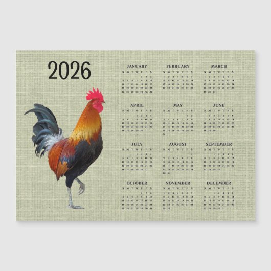 Colorful Rooster 2026 Calendar Magnetic Card (Voorkant)