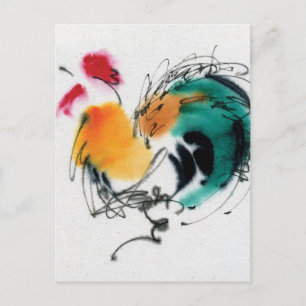 Colorful Rooster. Calligrafie en waterverf. Briefkaart