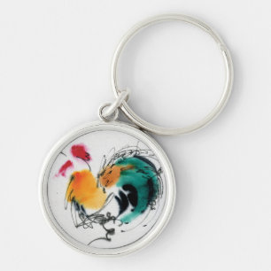 Colorful Rooster. Calligrafie en waterverf. Sleutelhanger