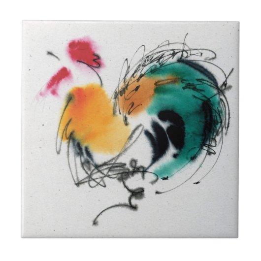 Colorful Rooster. Calligrafie en waterverf. Tegeltje (Voorkant)