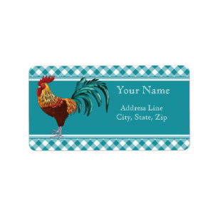 Colorful Rooster en Blauwgroen Gingham Etiket