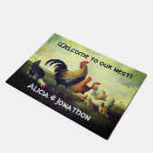 Colorful Rooster en Hens "Welkom bij onze nest"  Deurmat (Schuin)