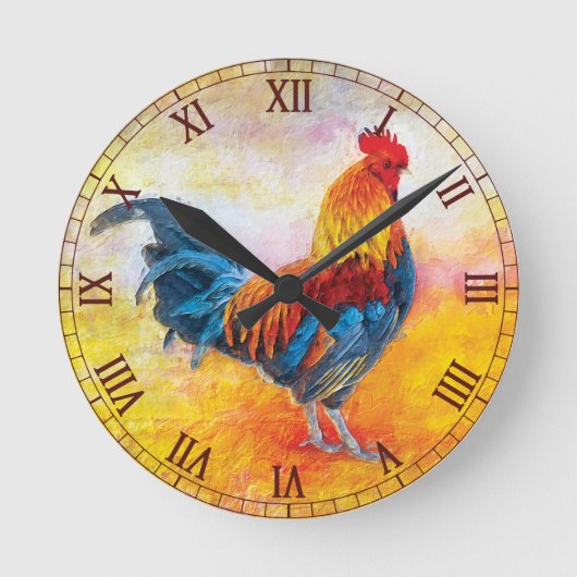 Colorful Rooster Maroon Roman Numbers Ronde Klok (Voorkant)
