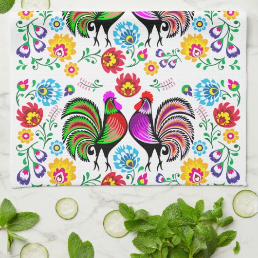 Colorful Roosters Boho Pattern Theedoek (Gevouwen)