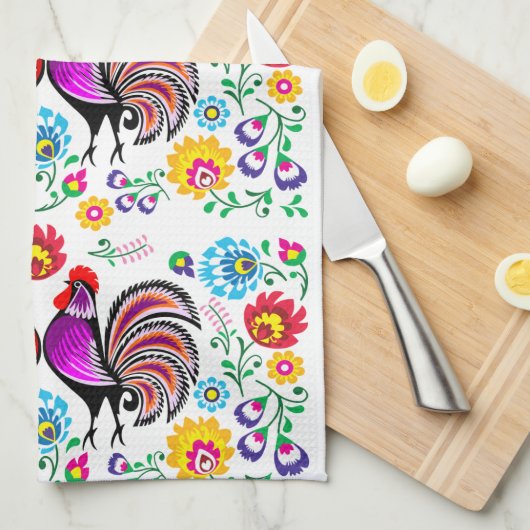 Colorful Roosters Boho Pattern Theedoek (Quarter Fold)