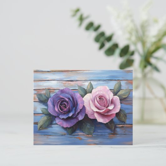 Colorful Roses on Rustic Wooden Background Briefkaart (Staand voorkant)