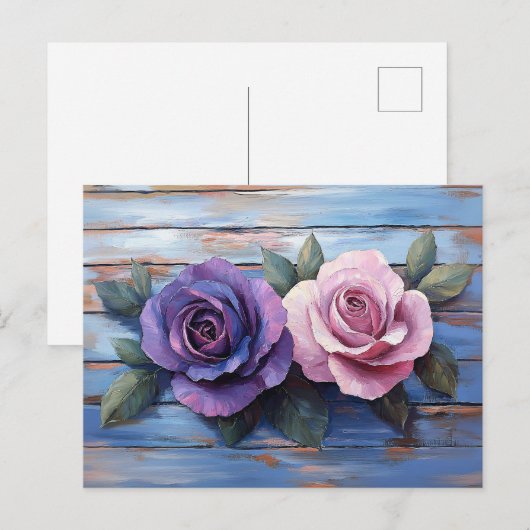 Colorful Roses on Rustic Wooden Background Briefkaart (Voorkant / Achterkant)