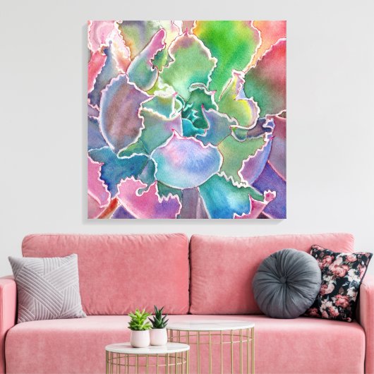 Colorful rosette succulent waterverf canvas afdruk (Insitu (Woonkamer))