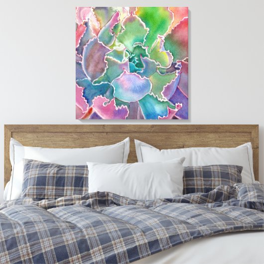 Colorful rosette succulent waterverf canvas afdruk (Insitu (Slaapkamer))