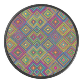 Colorful round item with vibrant geometric diamond hockey puck
