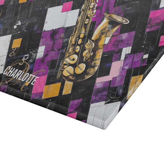 Colorful Saxophone pattern monogram name Snijplank (Hoek)