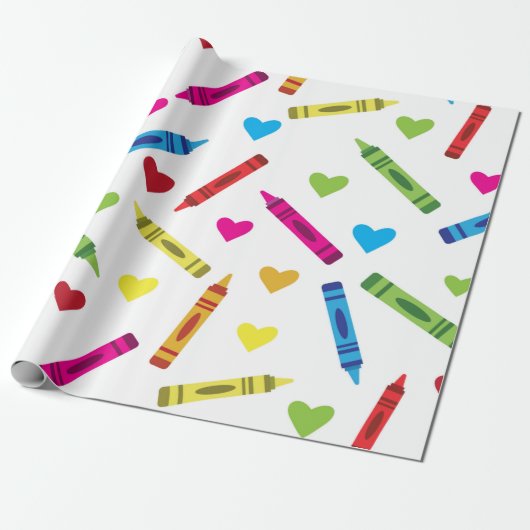 Colorful School Crayons Patroon met hart Cadeaupapier (Uitgerold)