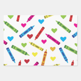 Colorful School Crayons Patroon met hart Inpakpapier Vel