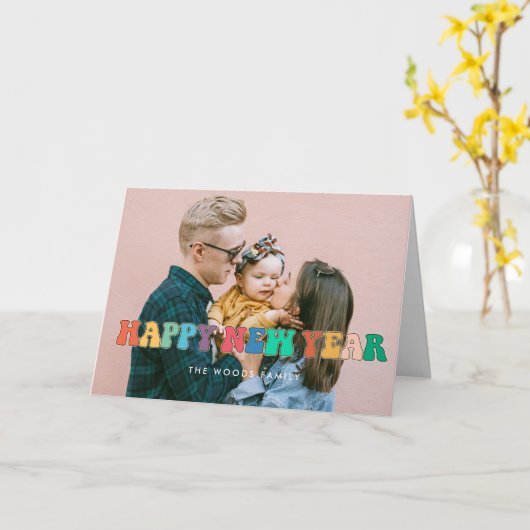 Colorful  script Happy New Year foto Kaart (Gele Bloem)