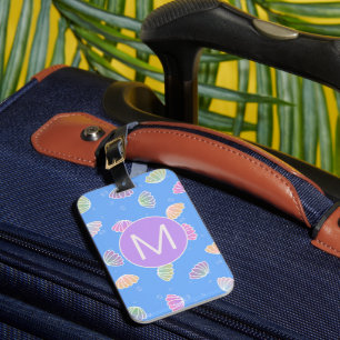 Colorful Seashells Pattern Light Blue Monogram Bagagelabel