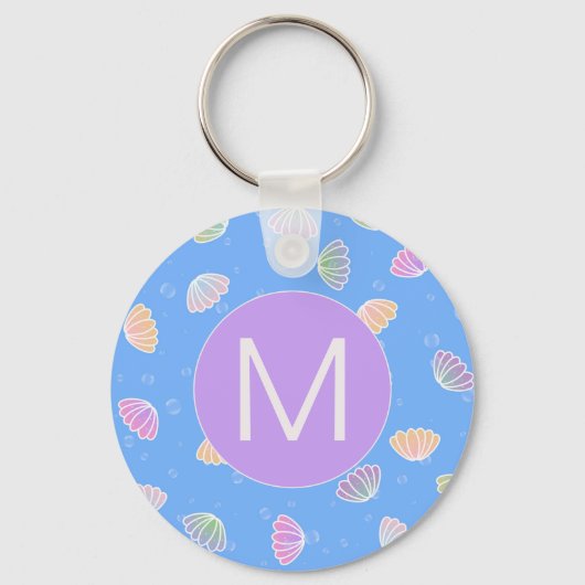 Colorful Seashells Pattern Light Blue Monogram Sleutelhanger (Achterkant)
