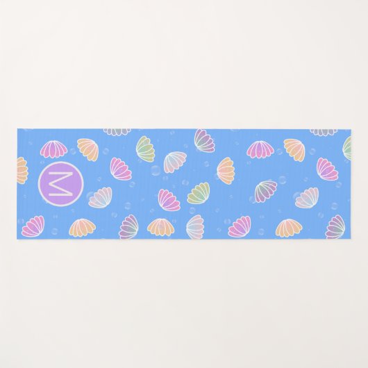 Colorful Seashells Pattern Light Blue Monogram Yogamat (Voorkant (horizontaal))