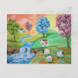 COLORFUL SHEEP COWS FOLK PAINTING BRIEFKAART