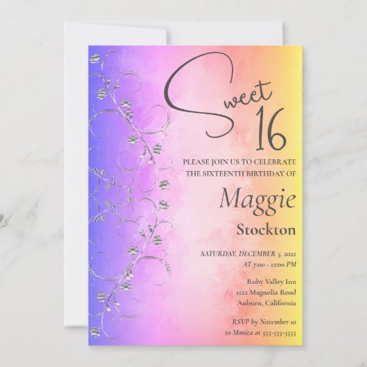 Colorful Silver Border Sweet 16 Uitnodiging (Voorkant)