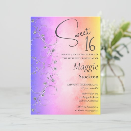 Colorful Silver Border Sweet 16 Uitnodiging (Staand voorkant)
