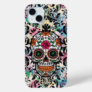 Colorful Skull & Black Swirls iPhone 15 Mini Hoesje