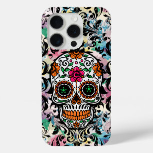 Colorful Skull & Black Swirls iPhone 15 Pro Case