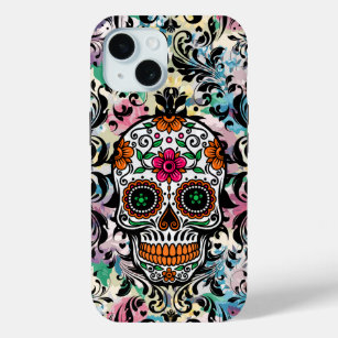 Colorful Skull & Black Swirls iPhone 15 Case