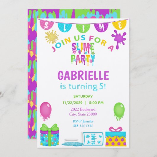Colorful Slime Kids Birthday Uitnodiging (Voorkant / Achterkant)