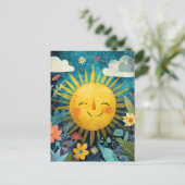 Colorful Smiling Sun Over Pretty Flowers Briefkaart (Staand voorkant)