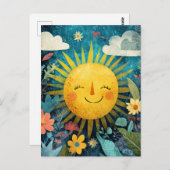 Colorful Smiling Sun Over Pretty Flowers Briefkaart (Voorkant / Achterkant)
