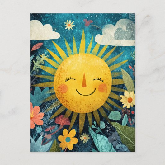 Colorful Smiling Sun Over Pretty Flowers Briefkaart (Voorkant)