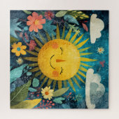 Colorful Smiling Sun Over Pretty Flowers Legpuzzel (Horizontaal)