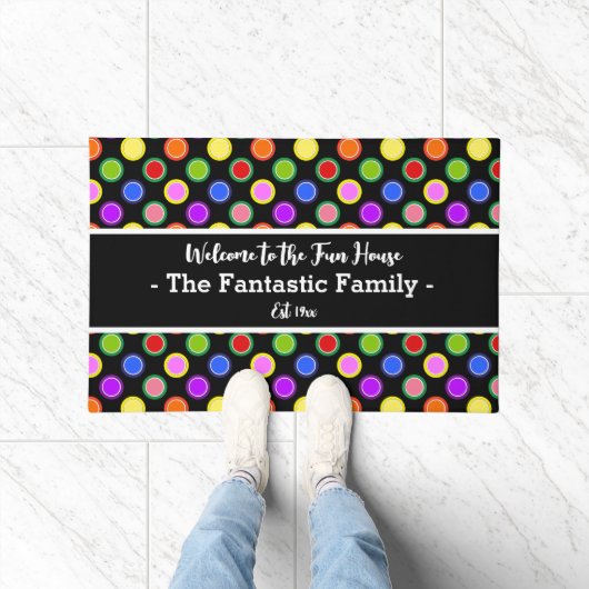 Colorful Snoep Polka Dots on Black Personalized Deurmat (Binnen)
