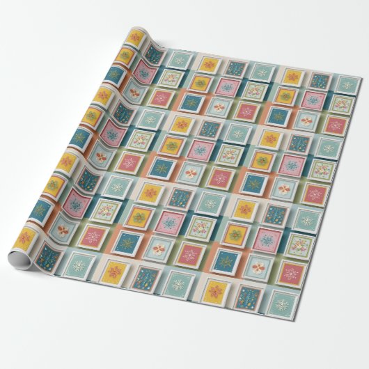 Colorful Snowflakes on Pastel Patchwork Cadeaupapier (Uitgerold)