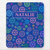 Colorful Snowflakes Patroon op blauwe roze naam Muismat (Voorkant)