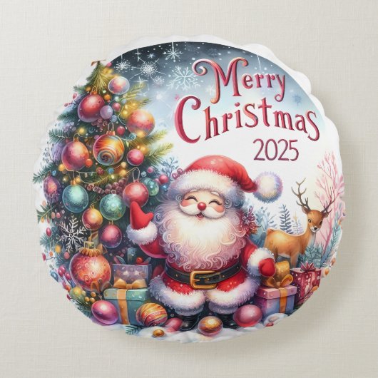 Colorful Snowman & Ornaments Christmas Pillow Rond Kussen (Voorkant)