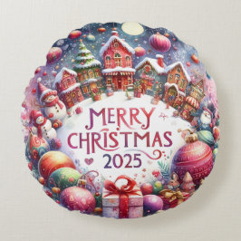 Colorful Snowman & Ornaments Christmas Pillow Rond Kussen