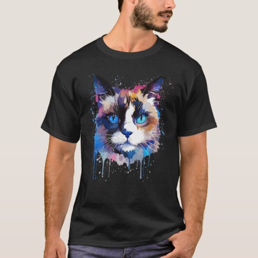 Colorful Snowshoe Cat Face Splash Art T-shirt (Voorkant)
