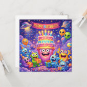 Colorful Space Monster Birthday Party with UFO  Kaart (Voorkant / Achterkant in situ)