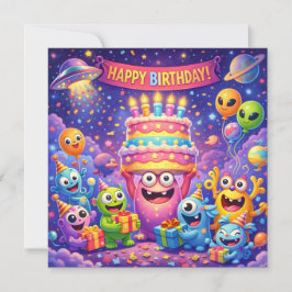 Colorful Space Monster Birthday Party with UFO Kaart