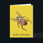 Colorful Spider verjaardagskunst Kaart<br><div class="desc">Colorful en helder,  dit is een handgetekende illustratie van een spinverjaardagskaart van de kunstenaar Sacha Grossel. Deze heldere en heuparachnide is arty,  tribaal en aardig schattig. Het bevindt zich op een mosterdgele achtergrond. De achtergrond- en verjaardagsgroet kan naar uw smaak worden aangepast.</div>