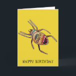 Colorful Spider verjaardagskunst Kaart<br><div class="desc">Colorful en helder,  dit is een handgetekende illustratie van een spinverjaardagskaart van de kunstenaar Sacha Grossel. Deze heldere en heuparachnide is arty,  tribaal en aardig schattig. Het bevindt zich op een mosterdgele achtergrond. De achtergrond- en verjaardagsgroet kan naar uw smaak worden aangepast.</div>