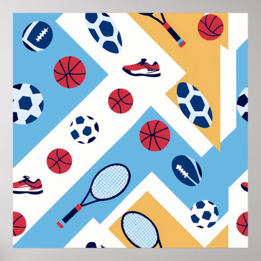Colorful Sports Pattern – Balls, Rackets & Sneaker Poster (Voorkant)