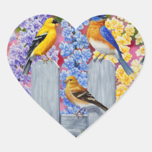Colorful Spring Birds Garden Party Hart Sticker