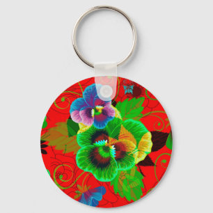 Colorful Spring Flowers Design Red Background Sleutelhanger
