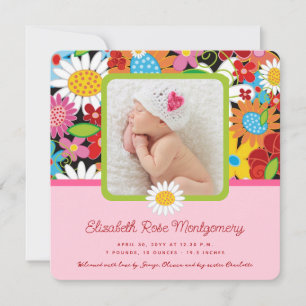 Colorful Spring Flowers Garden Baby Girl Birth Aankondiging